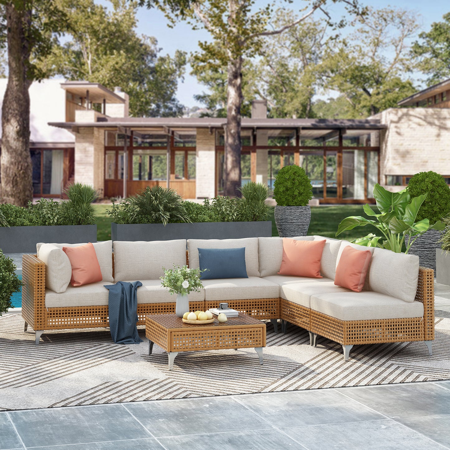 K&K 7-Piece Wicker Patio Furniture Set, Outdoor Conversation Set Sectional Sofa With Water Resistant Beige Thick Cushions And Coffee Table For Outdoor Couch, Porch, Backyard - Beige