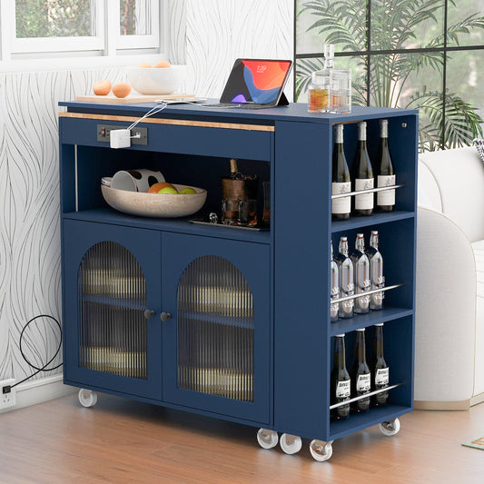 K&K Rolling Kitchen Island With Extended Table, Kitchen Island On Wheels With LED Lights,Power Outlets And 2 Fluted Glass Doors, Kitchen Island With A Storage Compartment And Side 3 Open Shelves, Navy