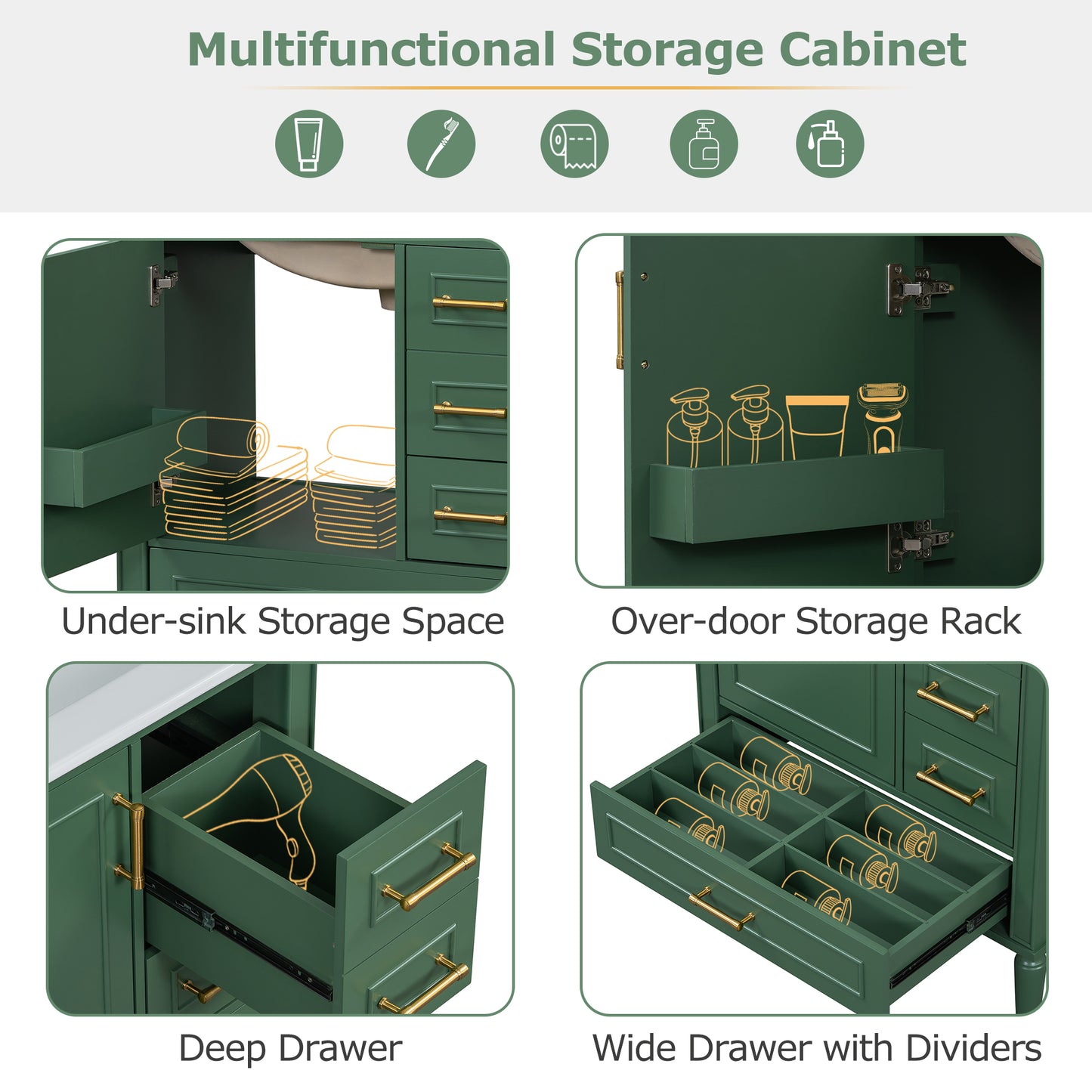 Traditional 30  Green Bathroom Vanity Set, Floor Standing, With Three Drawers, Soft Close Doors, With Long Gold Metal Handles - Perfect For Small Bathrooms