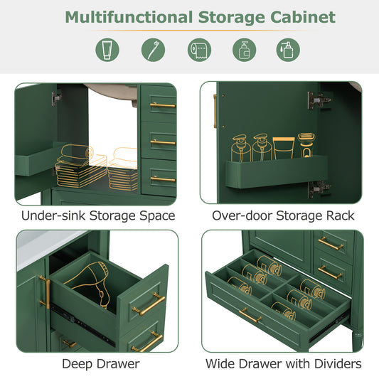 Traditional 30  Green Bathroom Vanity Set, Floor Standing, With Three Drawers, Soft Close Doors, With Long Gold Metal Handles - Perfect For Small Bathrooms