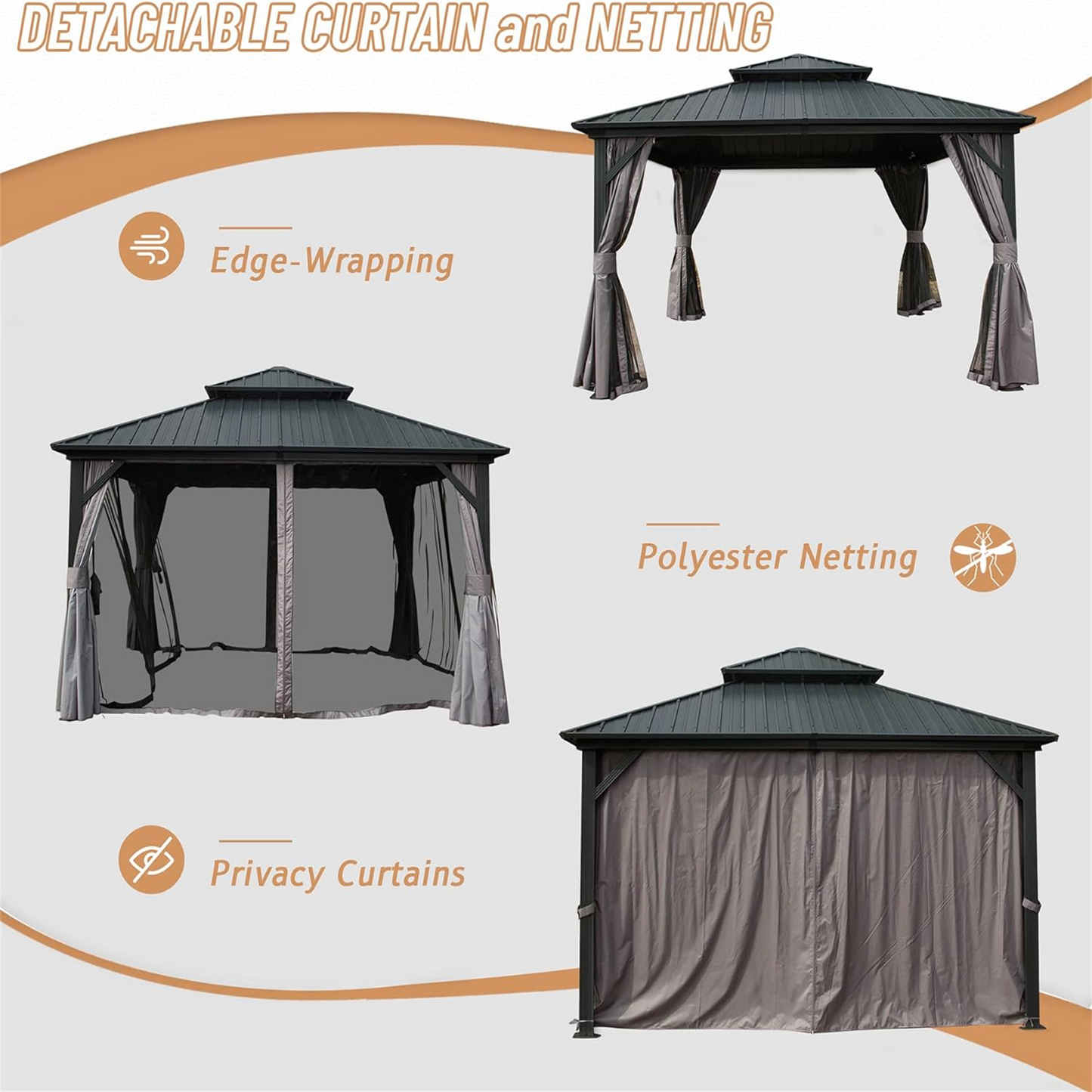 12  X 12  Hardtop Gazebo, Aluminum Metal Gazebo With Galvanized Steel Double Roof Canopy, Curtain And Netting, Permanent Gazebo Pavilion For Patio, Backyard, Deck, Lawn