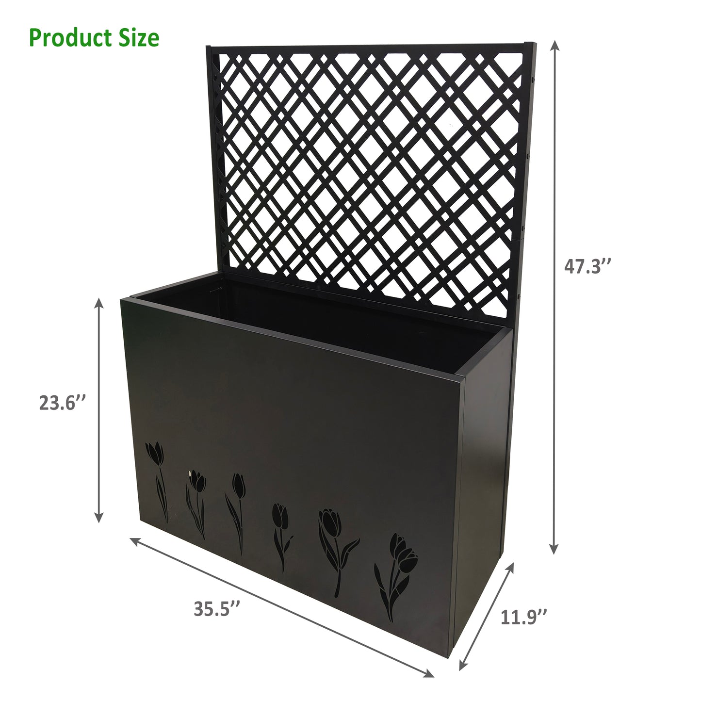 Tall Metal Planter Raised Garden Bed With Trellis 35.5in L X 11.9in W X 47.3in H - Large Flower Box Privacy Screen For Porch, Patio, Garden, Commercial Decor, Tulip Black
