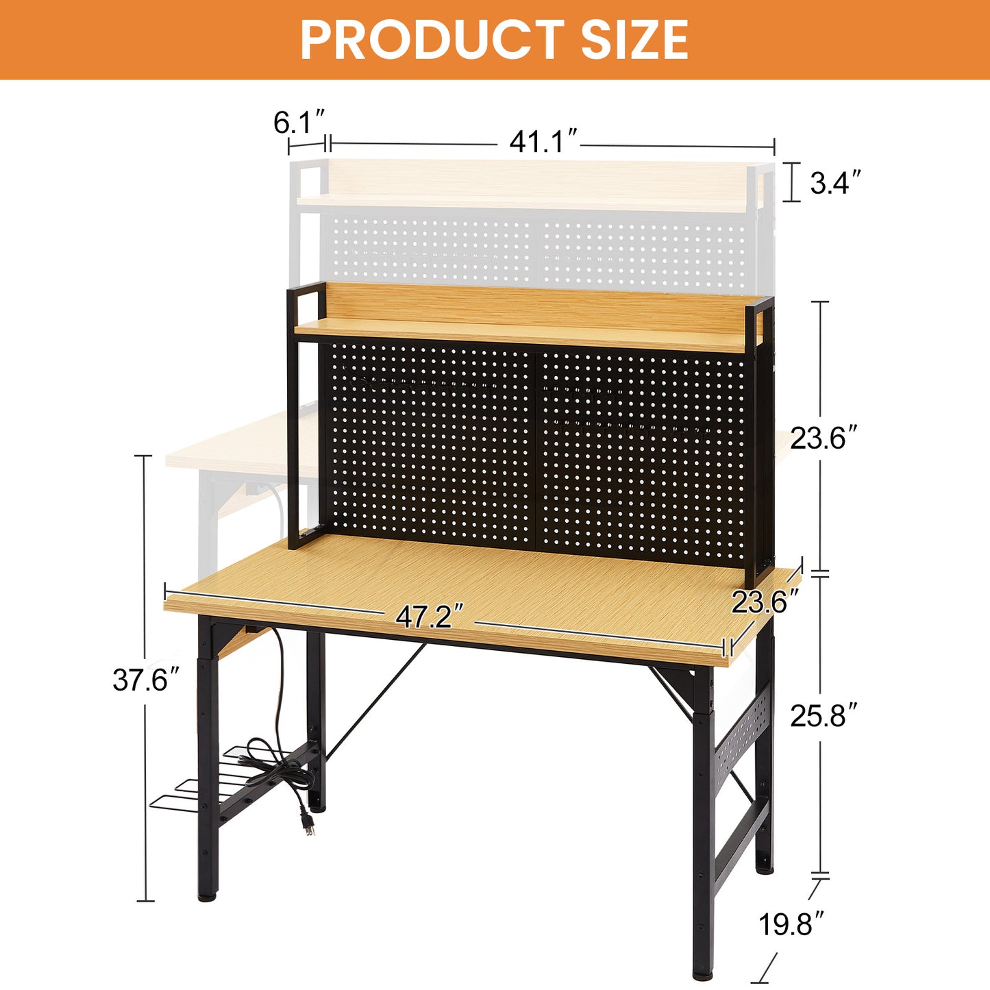 48  Adjustable Workbench With Pegboard, Heavy Duty Wooden Desktop Workbench With Wheels, 1600 Lb. Load Capacity, Rolling Workbench With AC USB Outlet, Hooks, Shelf, For Garage, Workshop, Office, Home.