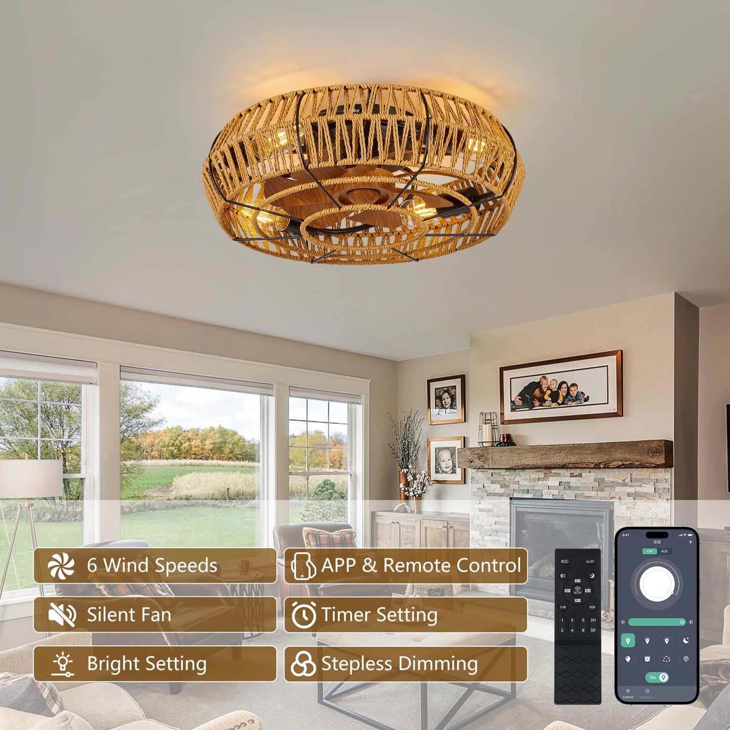 19  Caged Ceiling Fans With Lights And Remote, Boho Flush Mount Ceiling Fan With Light, Low Profile Chandelier 6 Speed Bladeless Reversible Ceiling Fan W  4 Bulbs. For Living Room Bedroom.