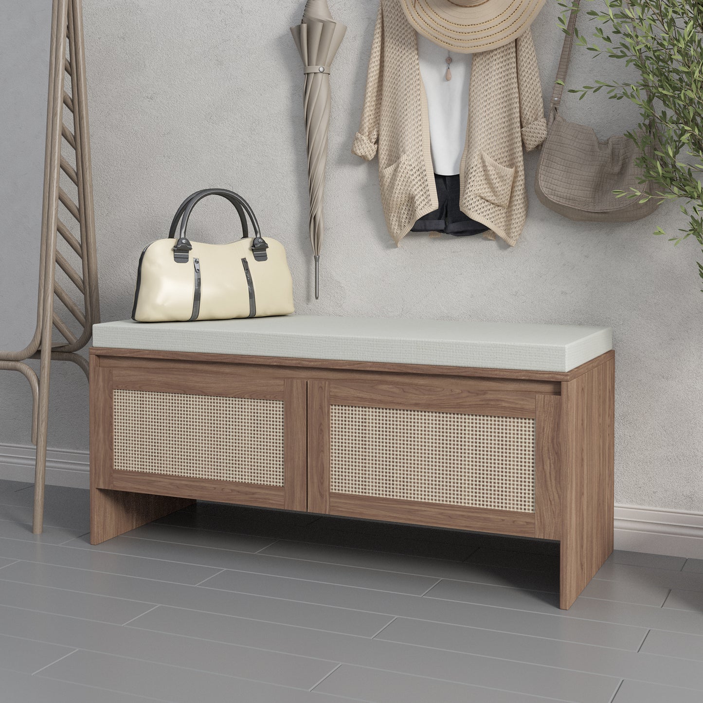 PP Rattan Storage Bench With Cushion, Faux Rattan Shoe Cabinet With 2 Doors, Mid-Century Modern Wood Entryway Seat, For Bedroom, Hallway, Mudroom, Natural Finish