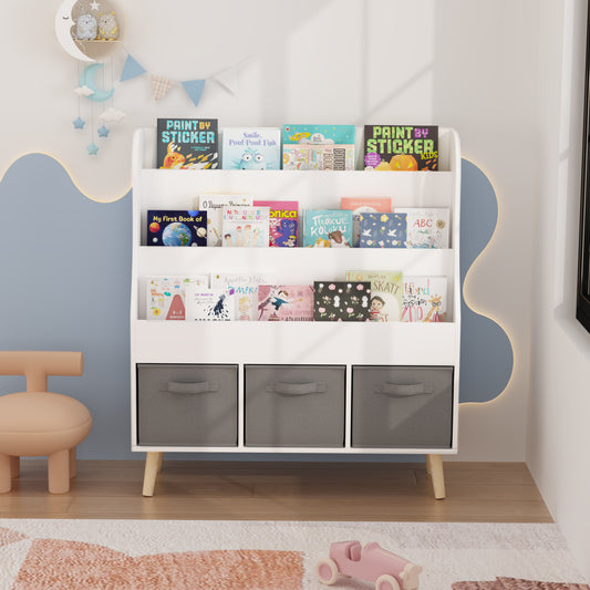 Kids Bookshelf With 3 Fabric Storage Bins, White Wooden Book Display Organizer For Toddlers And Children, Front-Facing Book Rack With Pine Legs For Playroom, Nursery, Or Bedroom