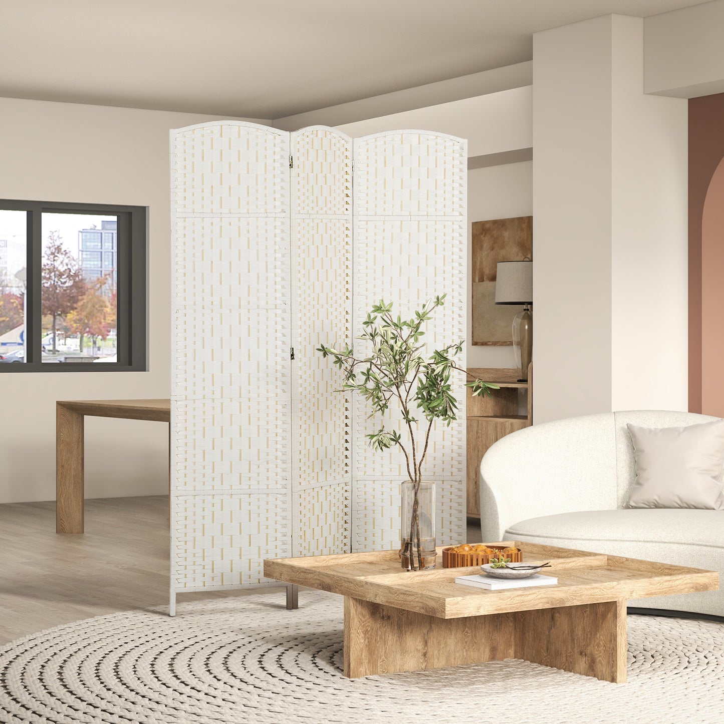 Room Divider, 3 Panel Folding Privacy Screen, 6FT Tall Portable Weave Partition Wall Divider For Bedroom, White