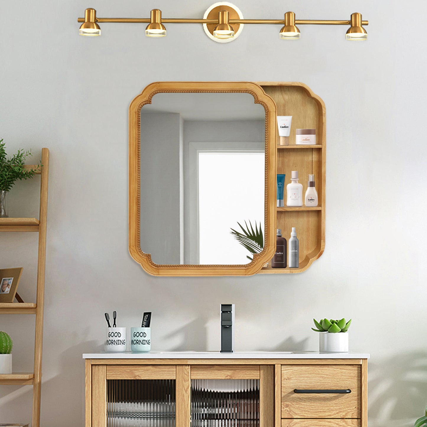 31.5  X 23.82  Wood Framed Wall - Mounted Mirror Cabinet With Storage Shelves, Medicine Mirror For Bathroom, Living Room, Entryway