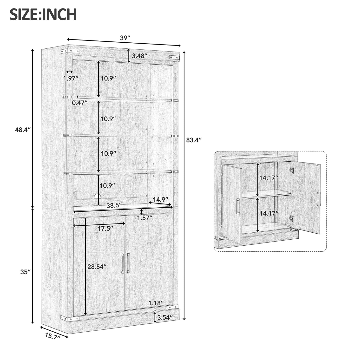 83.4Tall Modern Bookshelf With Doors, Farmhouse Bookcase With 3-Tier Adjustable Shelves, Display Shelves With LED Light,Large Storage Cabinet For Living Room,Home Office, Walnut