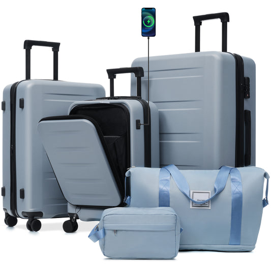 Luggage Sets 5 Piece With Front Opening, Hardside Expandable Carry On Suitcase Set With Double Spinner Wheel, Lightweight Travel Luggage With USB Port,TSA Locks 20-24-28