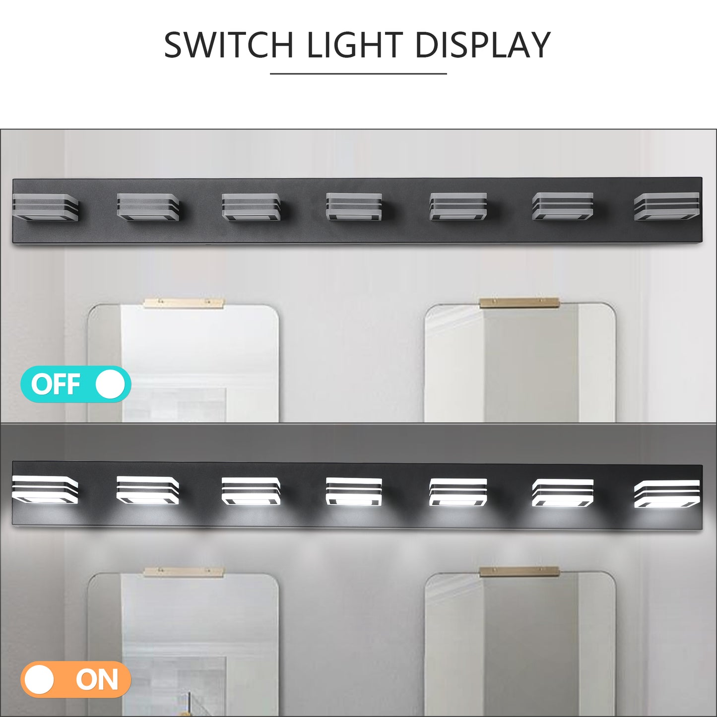 45in  Modern Black 7-Light LED Vanity Light, Square Acrylic Lampshades Wall Mount Fixture For Bathroom, Mirror Lighting