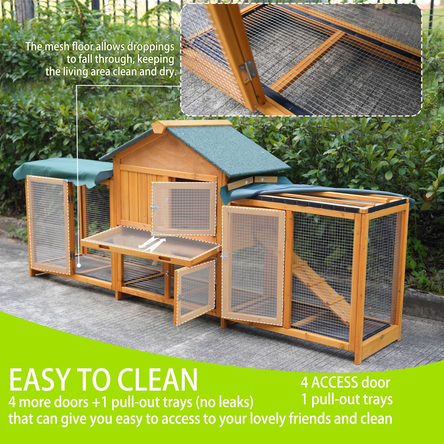 82inches Extra Large Wood Rabbit Hutch Outdoor Easy To Assemble And Stable Bunny Cage Indoor With Cleaning Tray & Waterproof Roof For Small And Medium Bun,Removable Waterproof And Sun Protection Cover