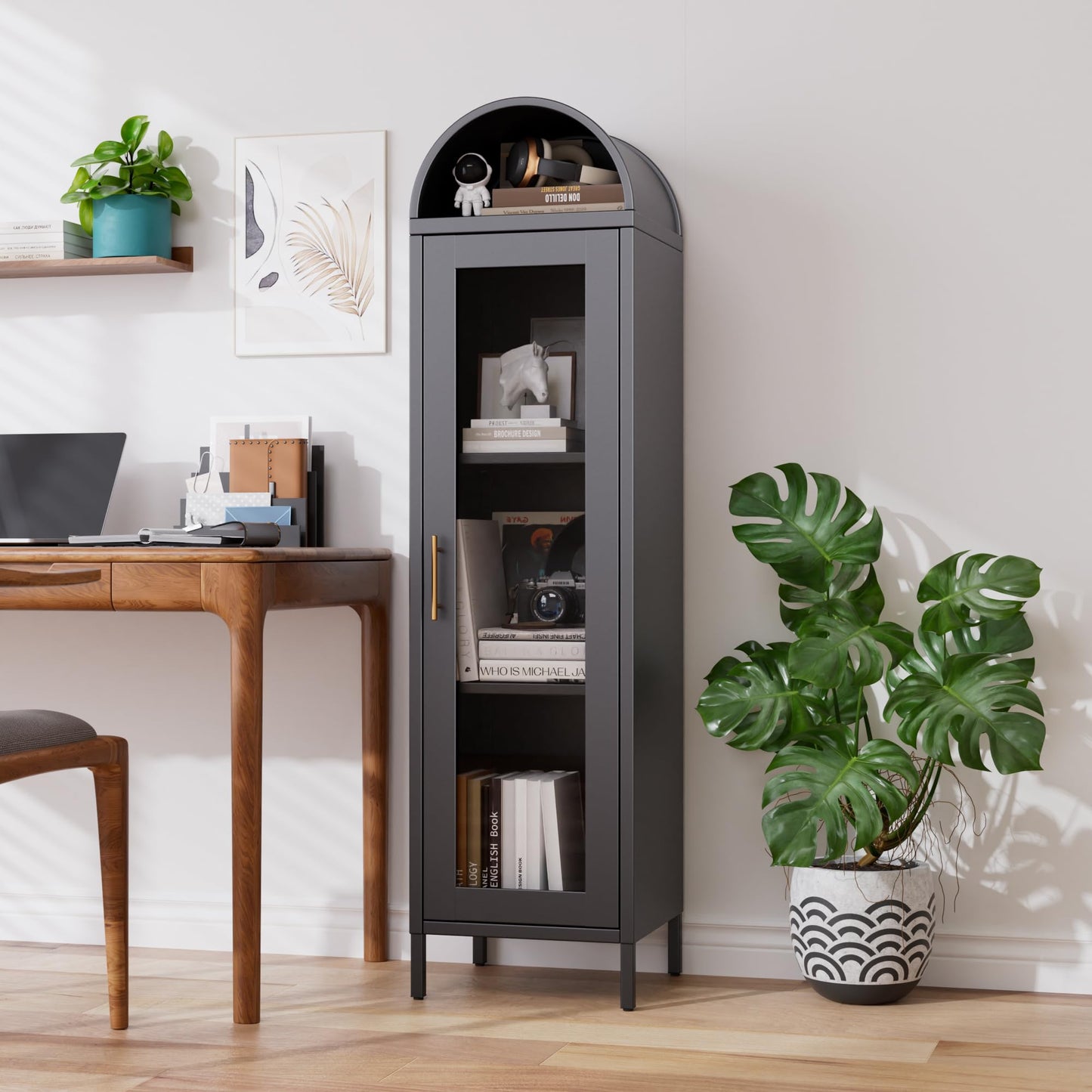 Metal Arched Bookcase Cabinet, Arch Display Storage Cabinet With Glass Doors & 2 Shelves For Living Room, Kitchens,Office, Black, Assembly Required,15.35inch Dx16.26inch Wx63inch H