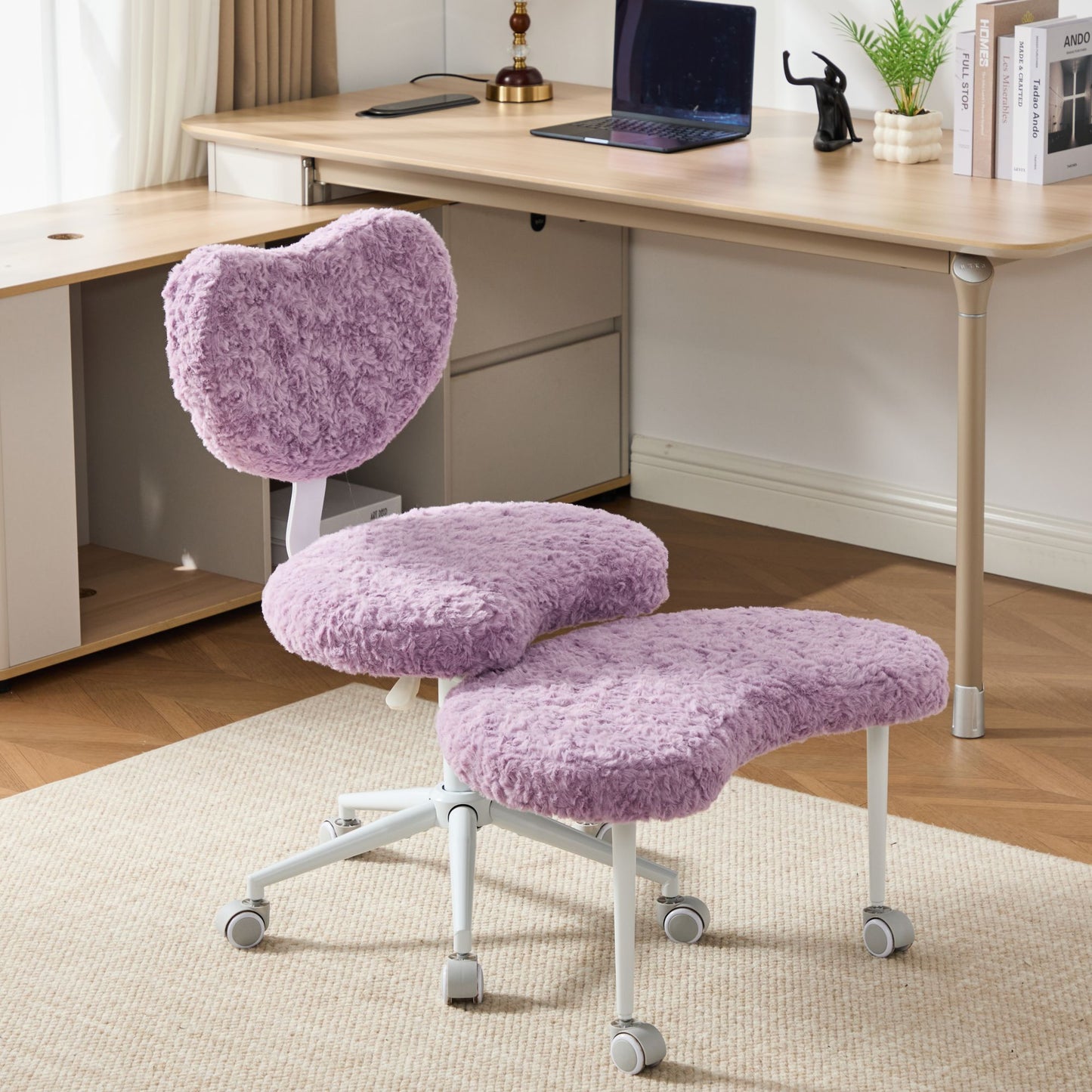 Artificial Rabbit Hair Meditation Chair Plus, Cross Legged Chair With Wheels, ADHD Chair, Criss Cross Desk Chair With Lumbar Support And Adjustable Stool, Flexible Design For Fidgety Sitters, Violet