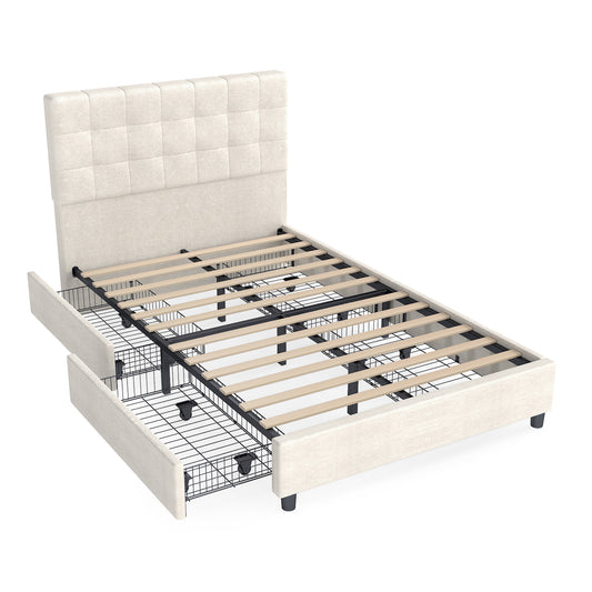 Bed Frame Upholstered Vertical Channel Headboard With 4 Storage Drawers Wood Slat Elegant Modern Bed Frame No Box Spring Needed Easy Assembly For Bedroom