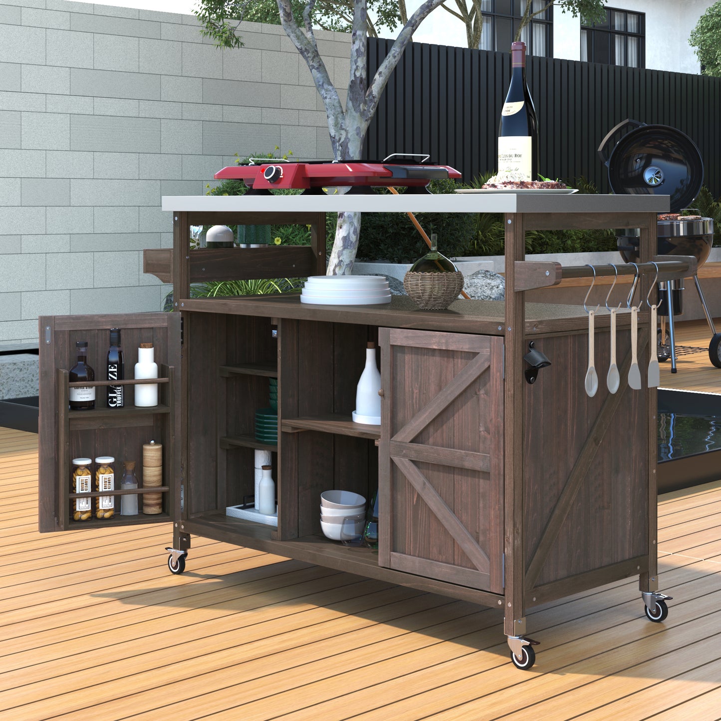 K&K Outdoor Kitchen Island, Rolling Bar Cart & Storage Cabinet, Farmhouse Solid Wood Outdoor Grill Table With Stainless Steel Top, Spice Rack , Towel Rack For Kitchen & Barbecue , Dark Brown