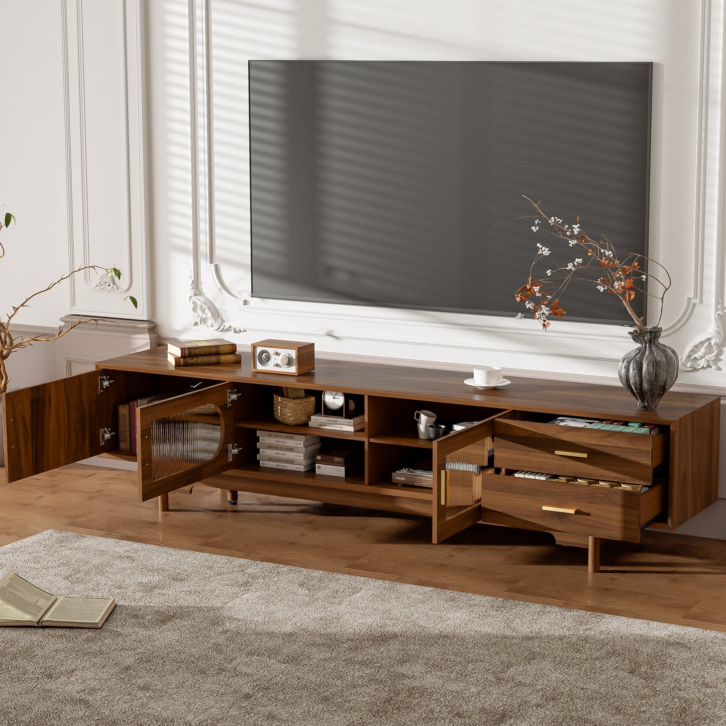 78inch TV Stand For TVs Up To 85, Modern TV Cabinet With Fluted Glass Doors  2 Drawers, For Living Room, Entertainment Center With Cable Management, Solid Wood Legs