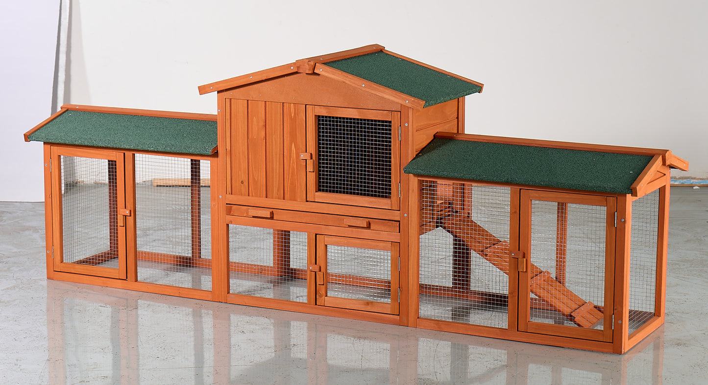 Large Wooden Rabbit Hutch, Outdoor Bunny Cage With Spacious Run, Waterproof Asphalt Roof, Pull-Out Tray And Ramp, Fir Wood Pet House For Rabbits, Chickens And Small Animals Brown & Green