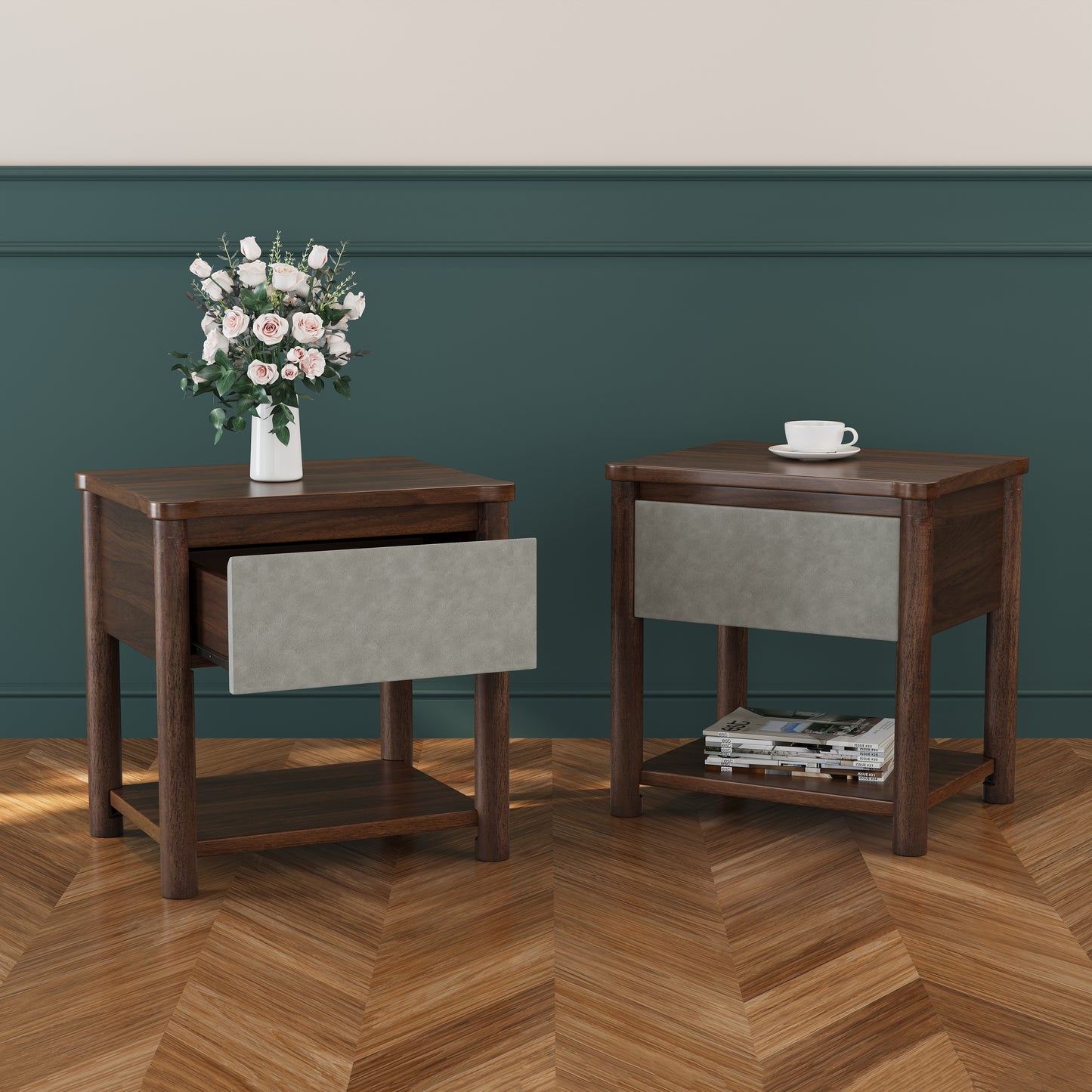 Wood Nightstand,Modern Nightstands With Drawer, Farmhouse Bedside Table For Bedroom Living Room,MP2 Set Of 2   Walnut&Light Grey Color