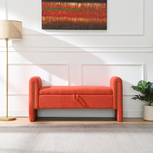Modern Teddy Bed End Bench With Arms And Storage,Upholstered Large Foot Rest Stool, Comfy Window Vanity Bench For Living Room,Bedroom,Dorm,Coffee Table,Teddy Orange