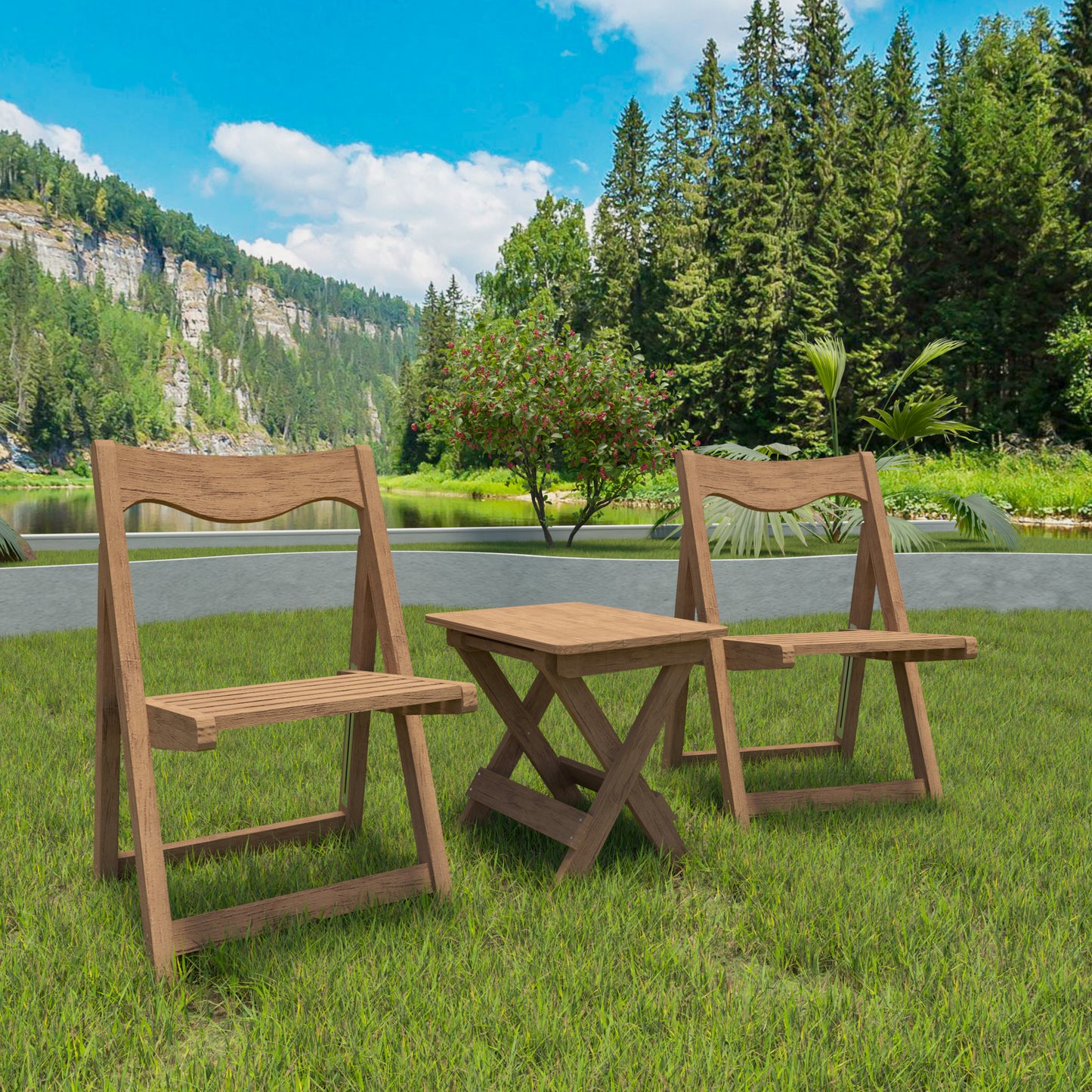 HIPS Material Outdoor Bistro Set Foldable Small Table And Chair Set With 2 Chairs And Rectangular Table, Teak