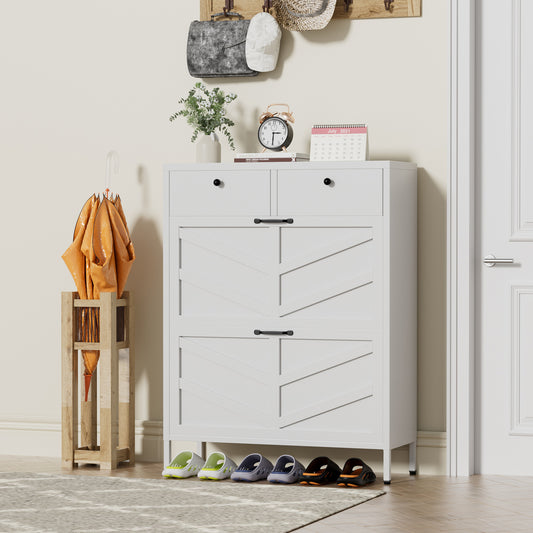 Shoe Cabinet With 2 Flip Drawers And 2 Drawers, Slim Metal Entryway Storage Cabinet, Freestanding 31.5 W X 40.75 H White Organizer With Anti-Tip Device