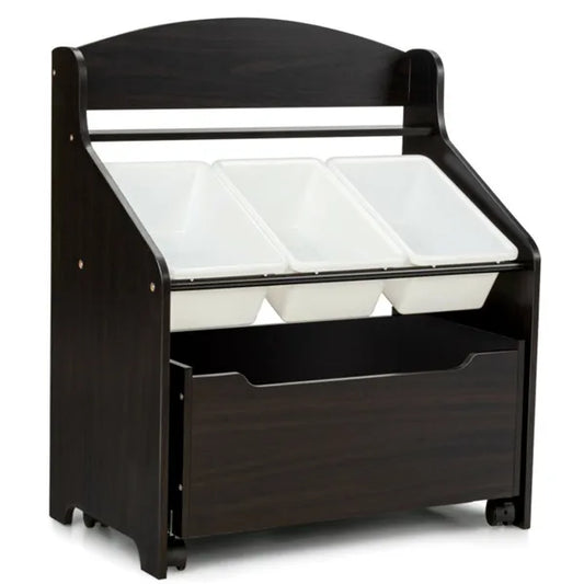 Dark Brown Multifunctional Kids Storage Cabinet With Large Capacity Toy Box And Display Shelf, Safe Rounded Corner Children Organizer For Toys Books