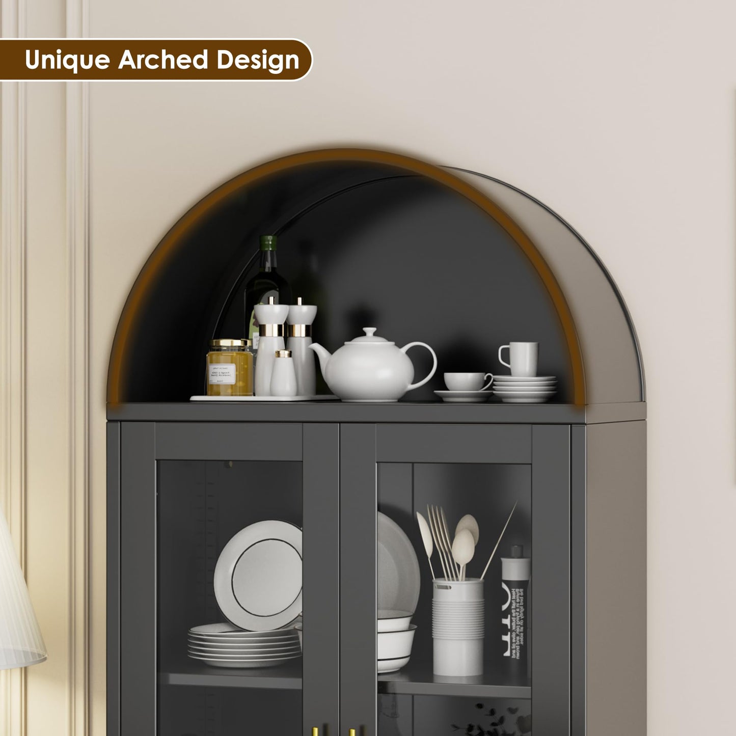 Metal Arched Cabinet With Lock, Arch Display Bookcase With Glass Doors Shelves, Modern Freestanding Kitchen Pantry Storage Cabinet For Dining Room, Home, Office, Assembly Required Black