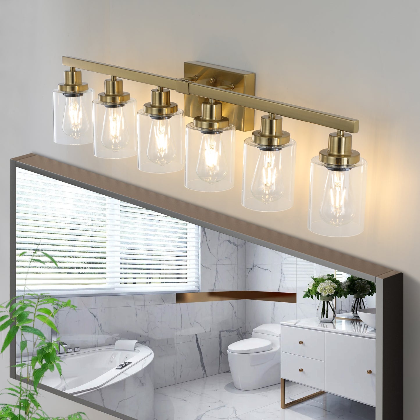 37  Golden 6-Light Vanity Light With Clear Glass Shades, Modern Iron Metal Bathroom Wall Fixture For Mirror, Ideal For Bathroom And Dressing Table -No Bulbs