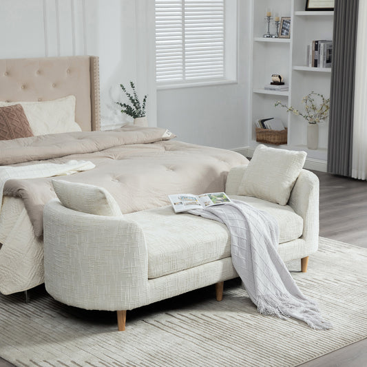 77.17 Wide Modern Upholstered End Of Bed Bench With Armrests, Chenille Chaise Lounge Couch With 2 Bolster Pillows, Daybed With Rubberwood Legs For Living Room,Bedroom,Apartment,Guestroom,BEIGE
