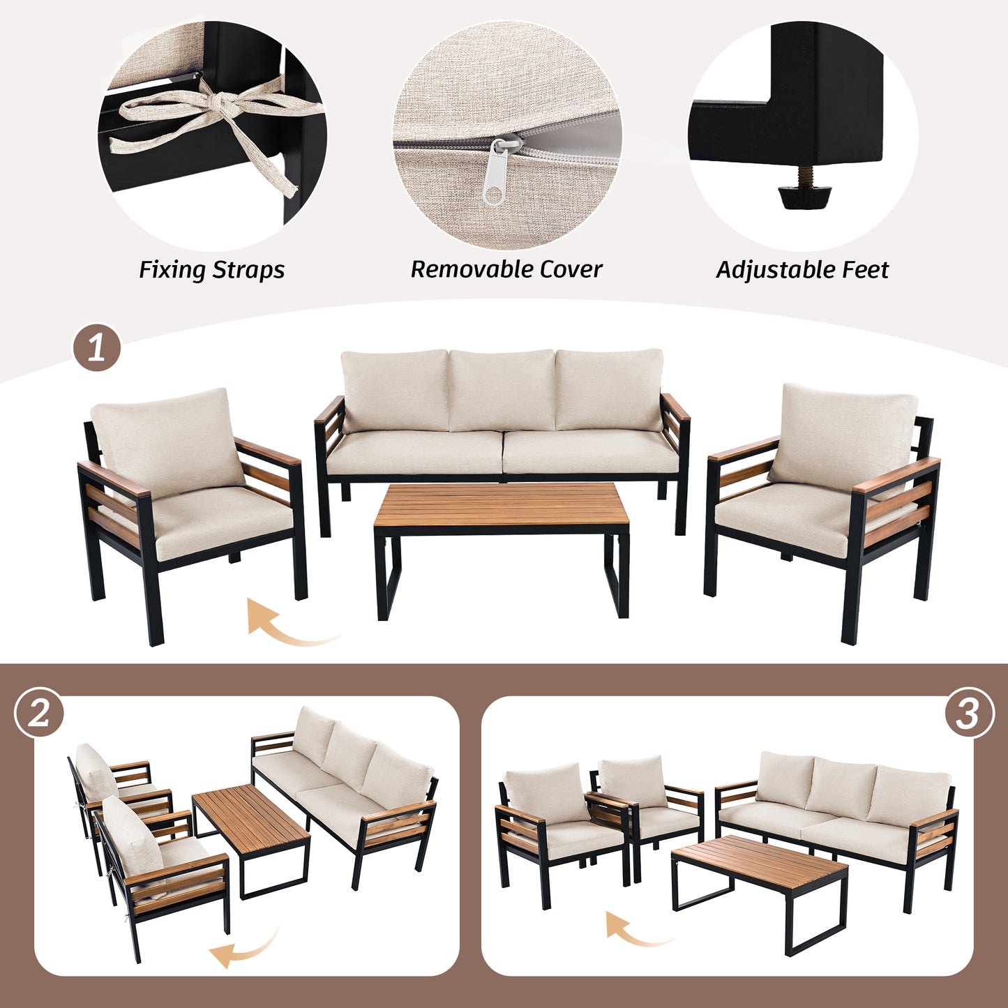 GO 4-Piece Outdoor Furniture Sofa Set For 5 People With Acacia Wood Armrests, Patio Conversation Set With Removable Cushion And Solid Wood Coffee Table For Garden,Beige