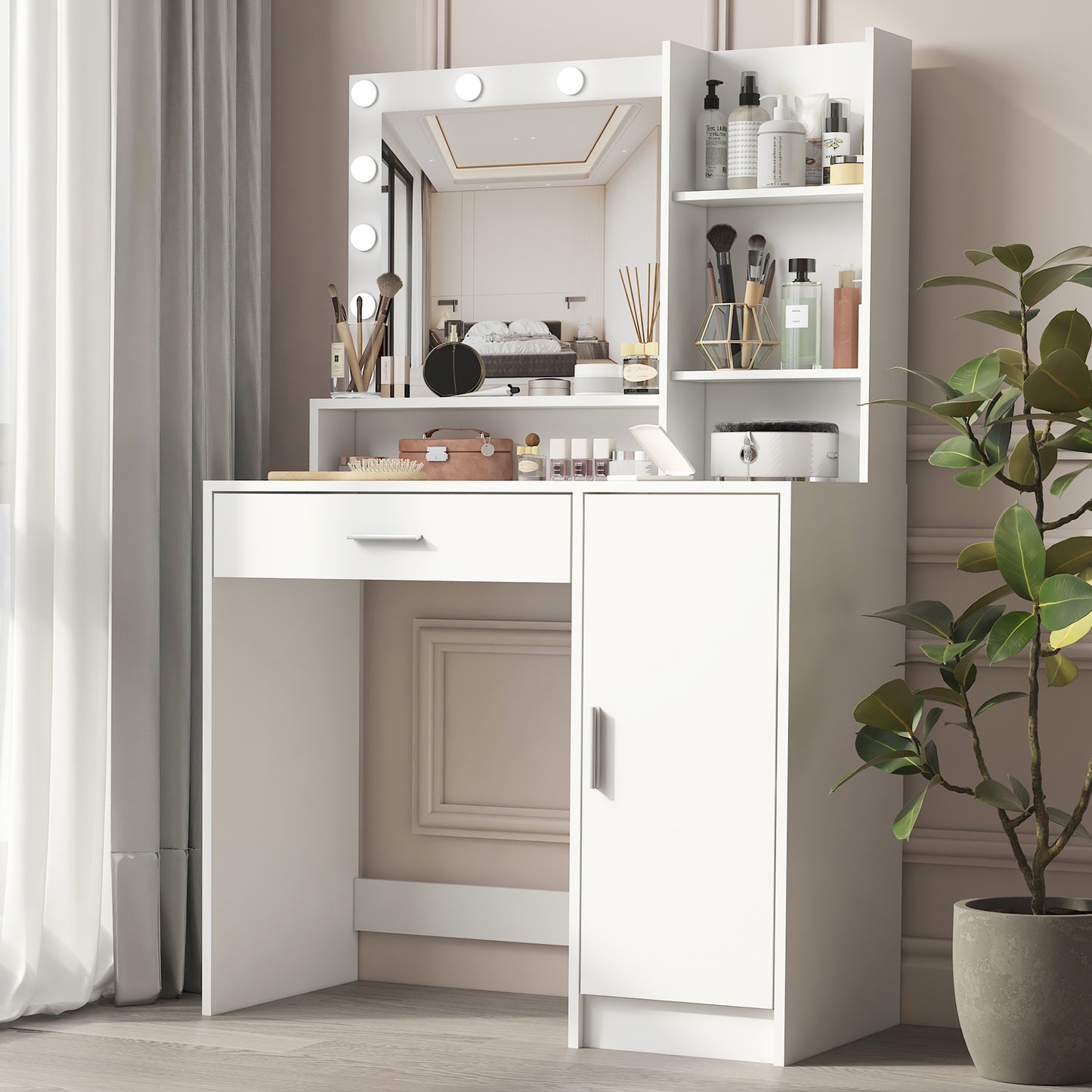 Vanity Desk With Mirror & Light, Large Drawer Three Level Storage Dresser, 3 Lighting Modes Adjustable Brightness, Bedroom Dressing Table White
