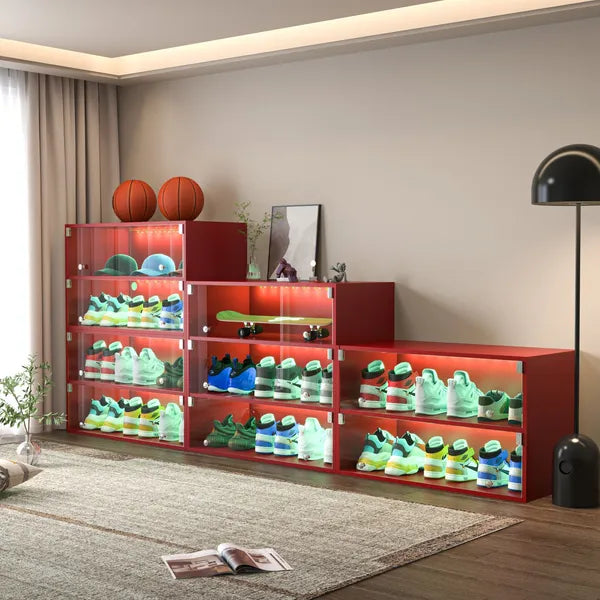 Red Glass Door Shoe Box Shoe Storage Cabinet For Sneakers With RGB Led Light - Single