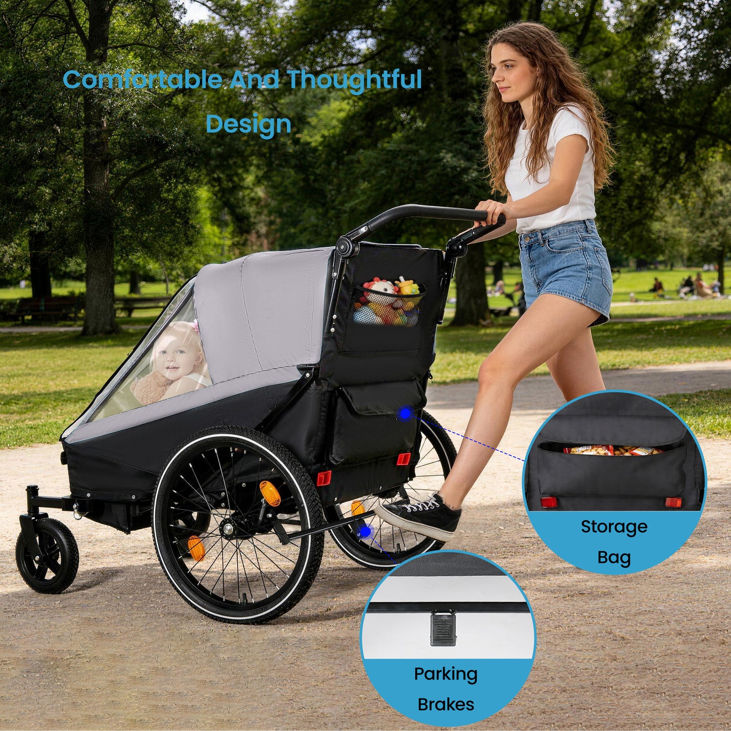 2 In 1 Kids Bike Trailer And Stroller For 1 To 2 Children, Jogging Function, Foldable Compact Storage With Universal Bike Hitch, 5-Point Harness And Storage Bags, Gray