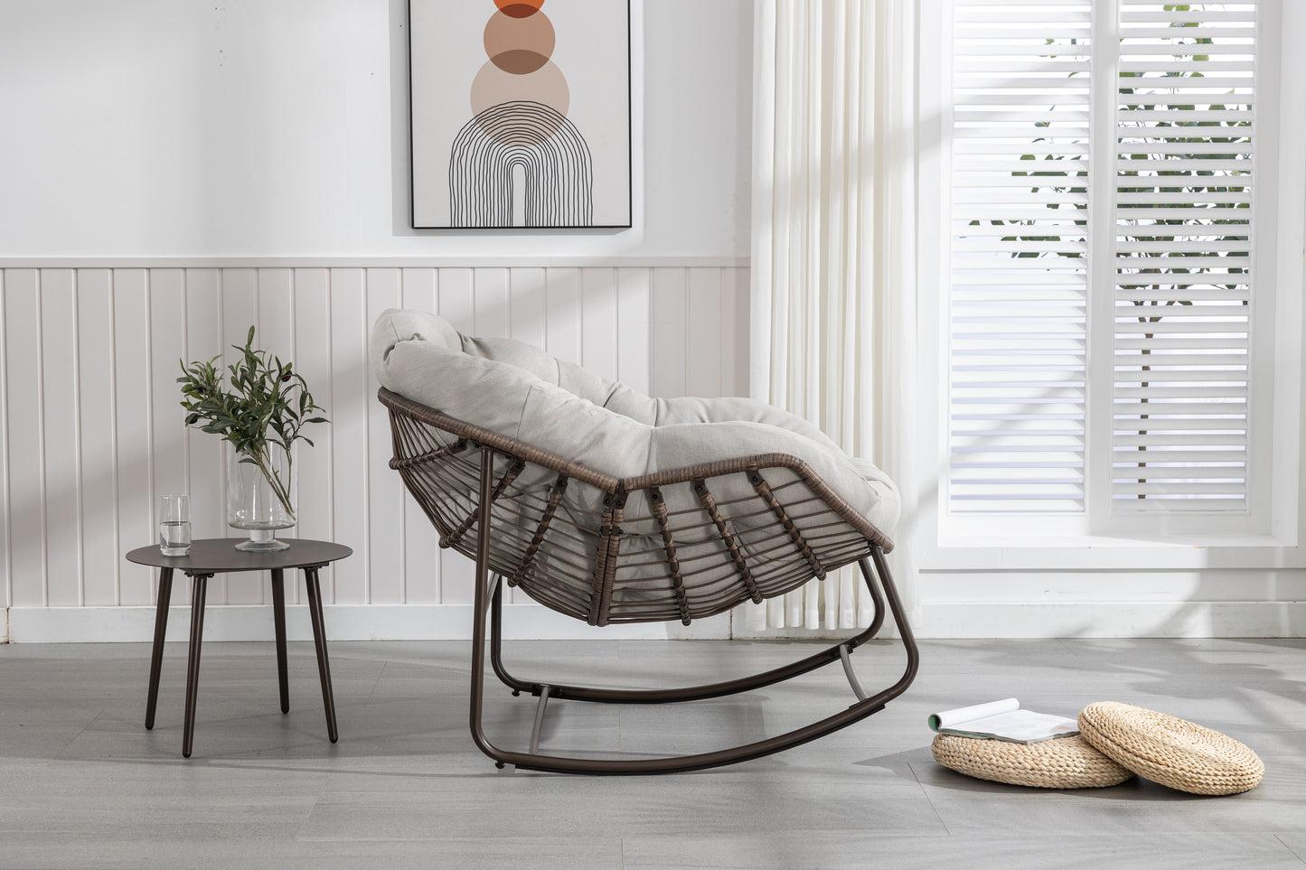 Outdoor Rattan Rocking Chair,Padded Cushion Rocker Recliner Chair Outdoor For Front Porch, Living Room, Patio, Garden, Beige