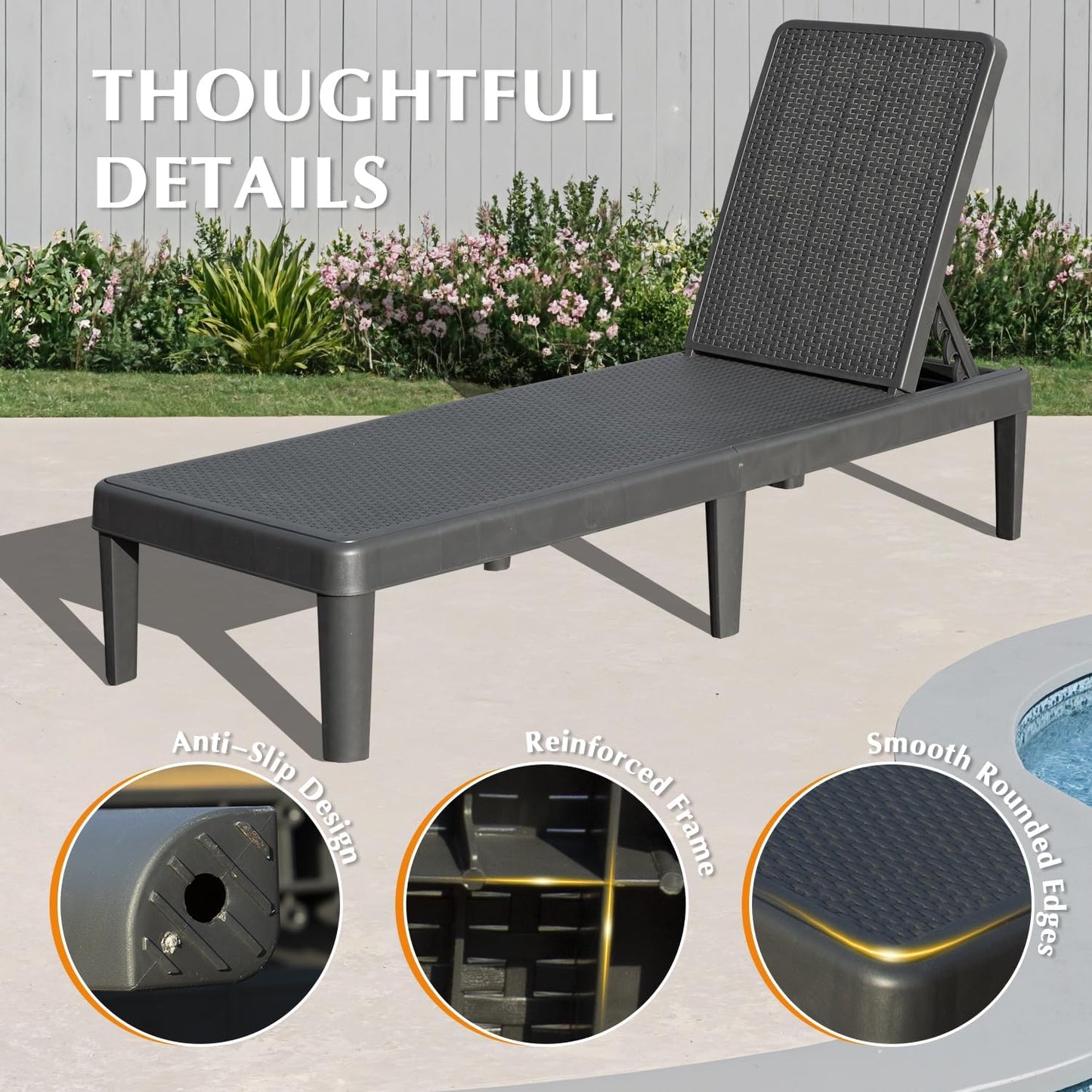 Pool Lounge Chairs Set Of 2, Outdoor Lounge Chairs With 6 Positions Backrest Adjustable, Resin Waterproof Chaise Lounge Outdoor For Poolside Patio Garden Deck