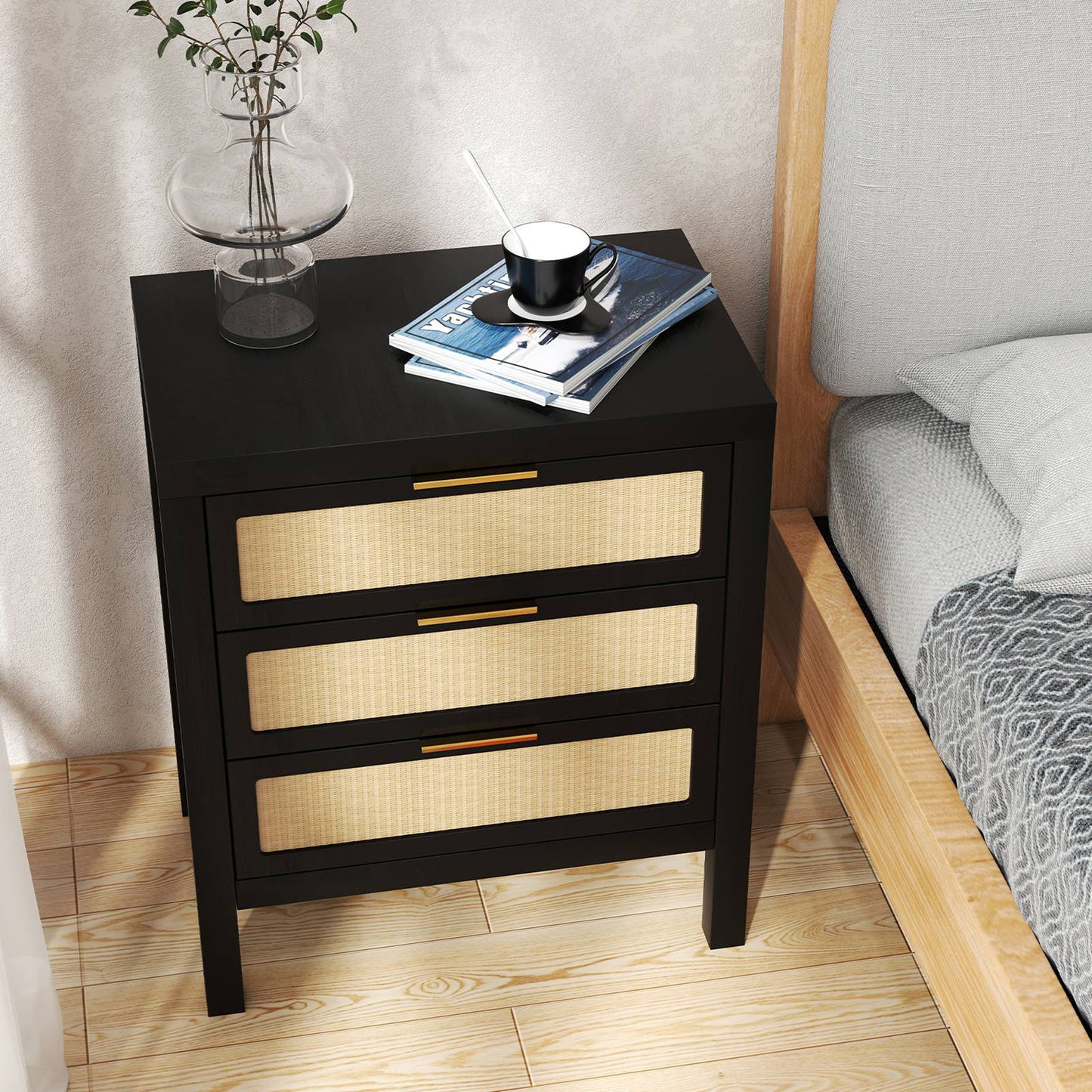 Bedside Table 3 Layers Large Capacity Storage Drawer Design Multifunctional Modern Chest Of Drawers Wooden Night Stand For Bedroom Hallway Black