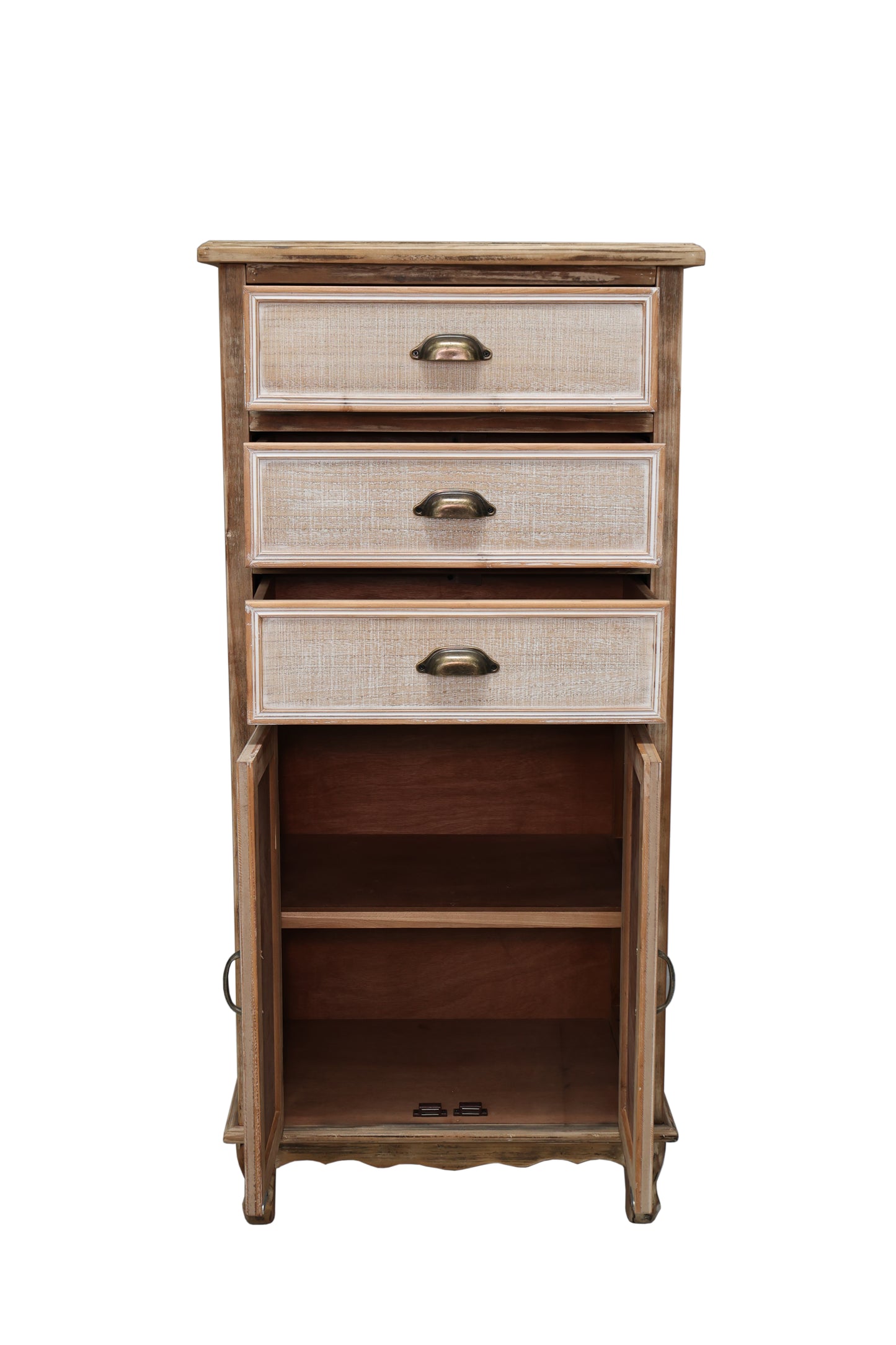 Rustic Wooden Storage Cabinet With Decorative Cutout Door & 3 Drawers, Tall Narrow Organizer For Living Room, Bedroom Antique White