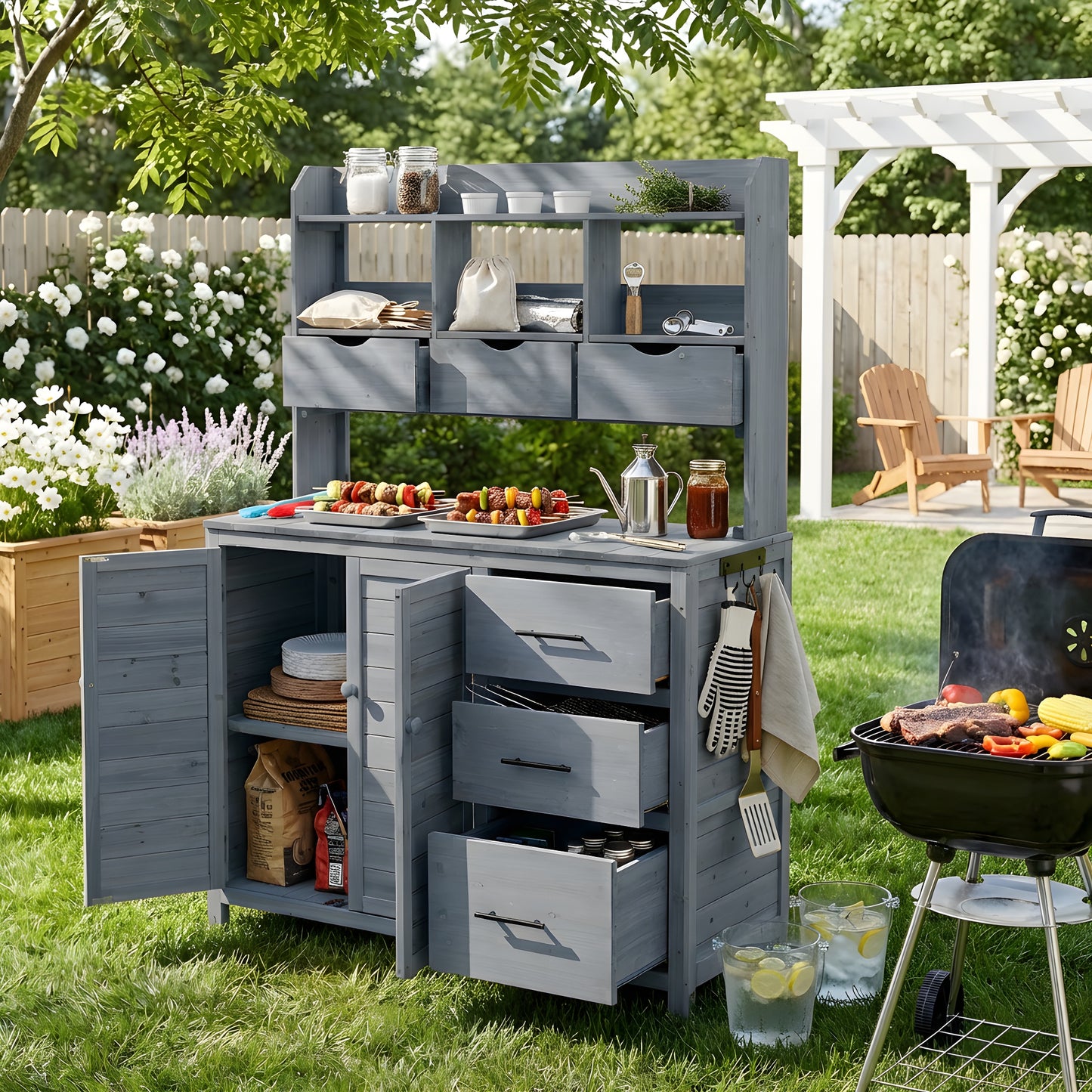 With Assembly Video  TOPMAx Farmhouse Patio Potting Bench  44.6 X19.5  Large Freestanding Garden Workstation With 6 Drawers  Bottom Cabinet And Side Hook  Outdoor Kitchen Island  Gray