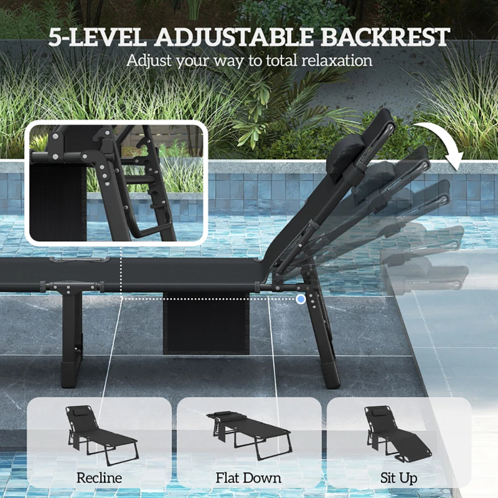 Folding Chaise Lounge Chair Outdoor Tanning Chair Set Of 2 With 5Position Backrest, Cushions, Side Pocket Five-position Adjustable Backrest