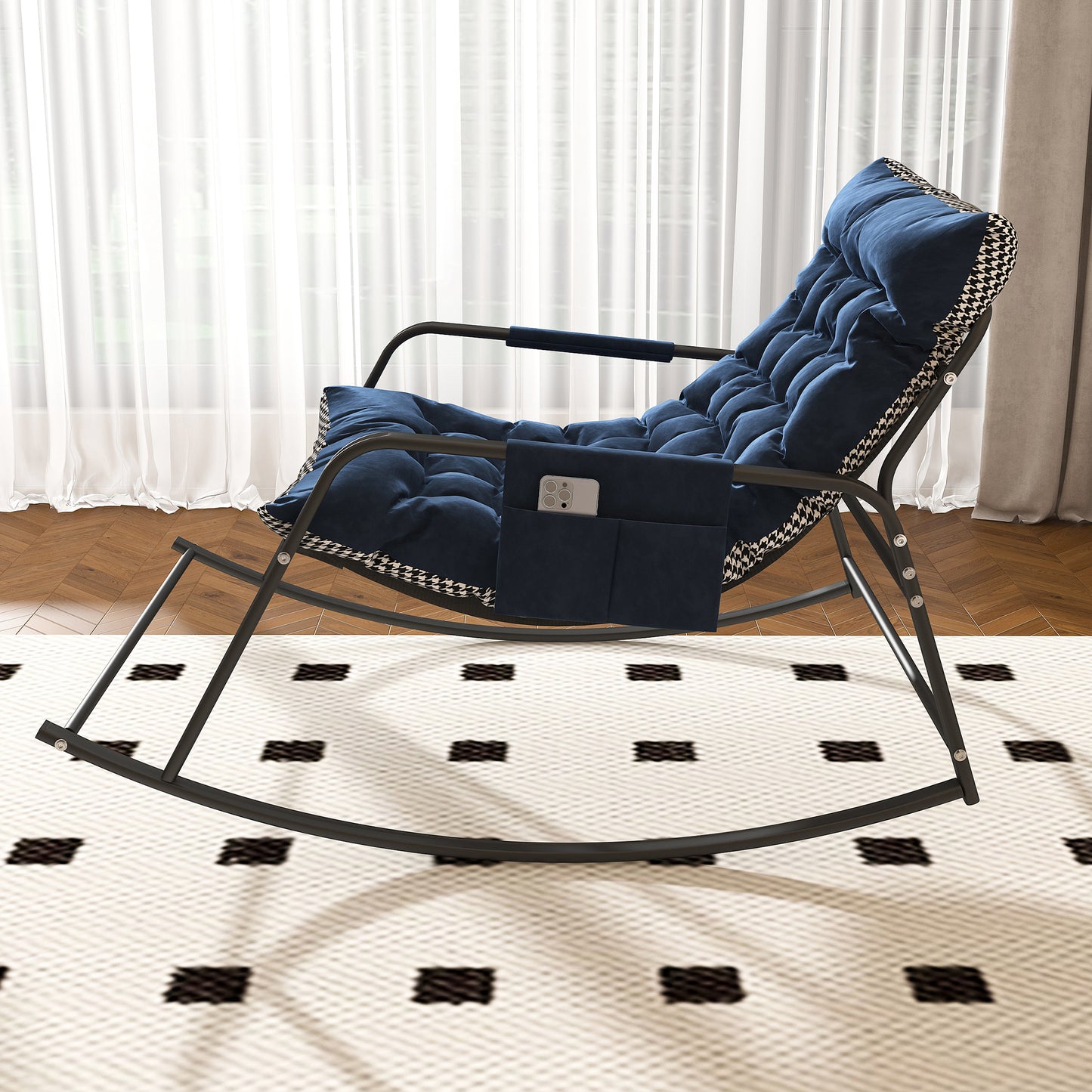 Rocking Chair With Storage, Cushions & Armrests, All-Season Comfort Lounge Recliner, Breathable Ergonomic Lounge Chair For Bedroom, Living Room, Patio, Garden Blue