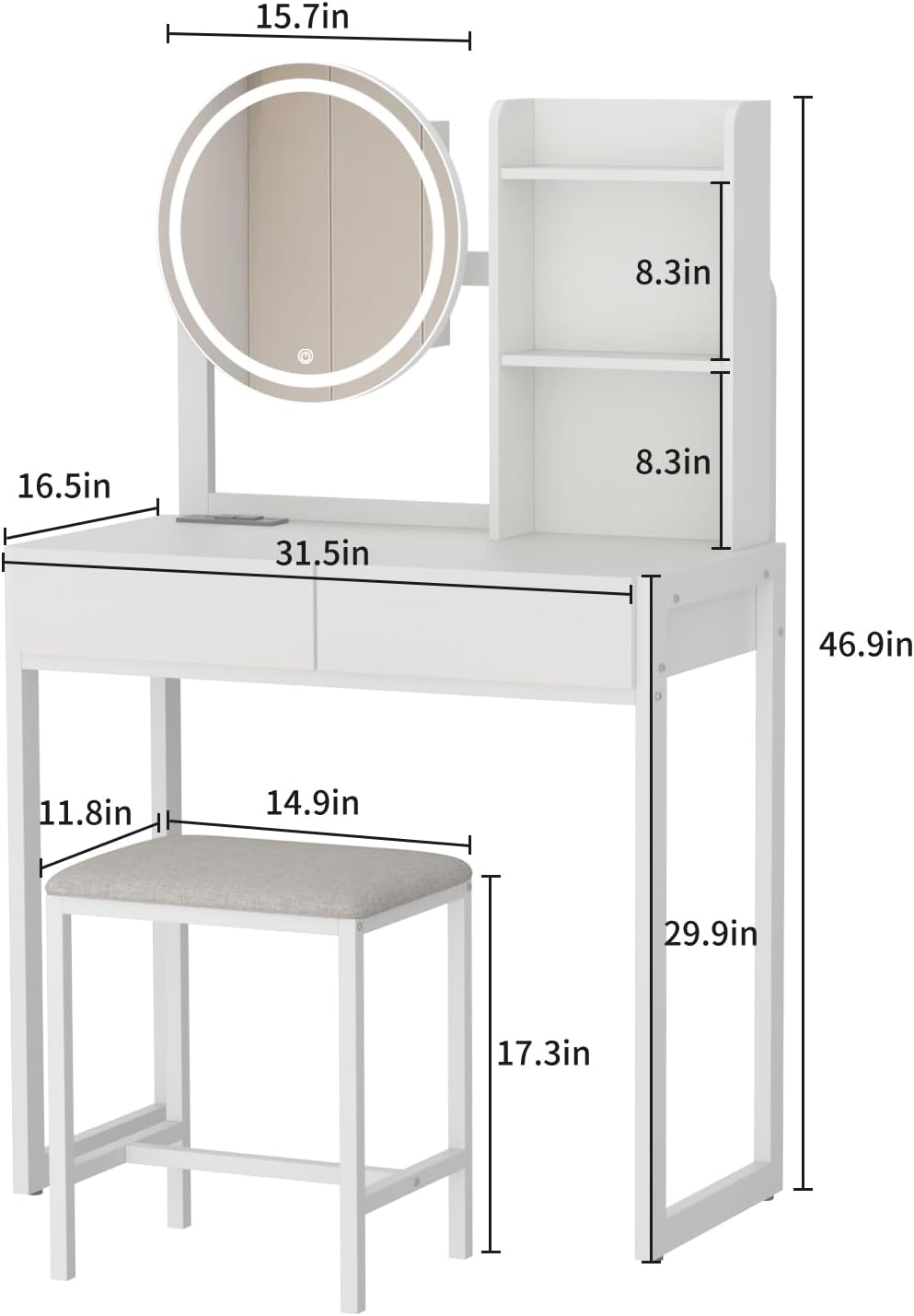 Small Vanity Desk With Mirror And Lights, Makeup Vanity Table With LED Mirror, 3 Lighting Modes, Power Outlet, Drawer, Open Shelves And Cushioned Stool For Bedroom  White