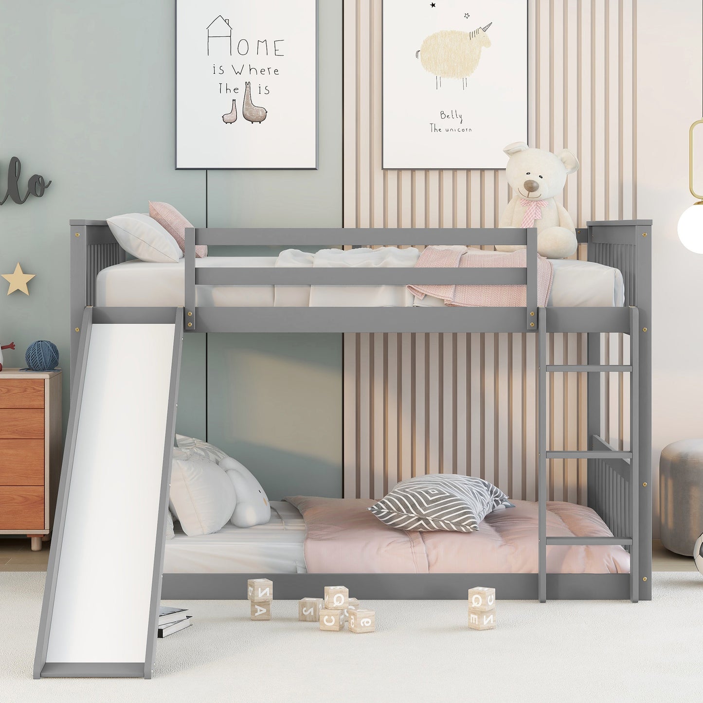 Full Over Full Bunk Bed With Slide And Ladder In Grey Color