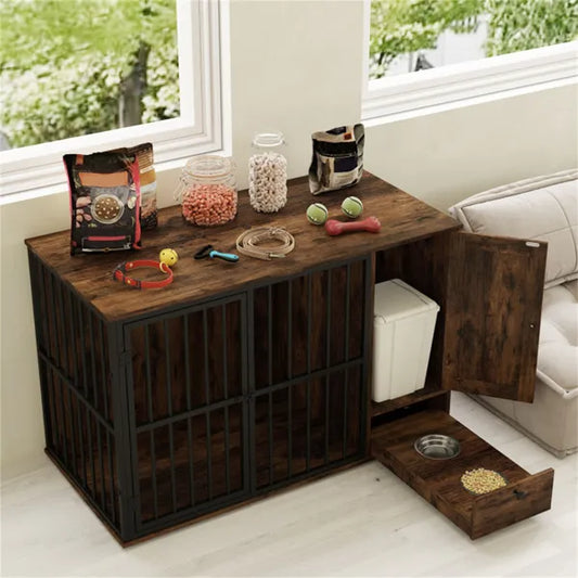 Coffee 2-in-1 Dog Crate End Table With Pull-Out Feeder, Chew-Resistant Metal Tube Pet Furniture For Small & Medium Dogs