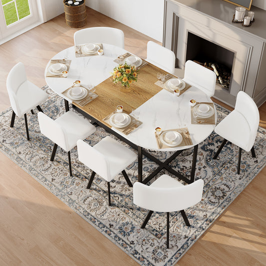 9-Piece Oval Dining Table Set, Fixed White Faux Marble & Wood Grain Triamine Tabletop With 8 White PU Leather Chairs, Modern Kitchen Table Set For 8 People, Ideal For Family Gatherings, Dining Room