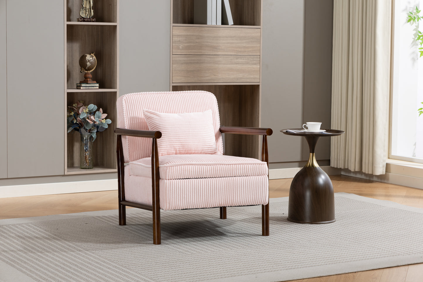 Storage Chair,Mid Century Modern Accent Chair With Wood Frame, Upholstered Living Room Chairs With Waist Cushion, Reading Armchair For Bedroom Sunroom