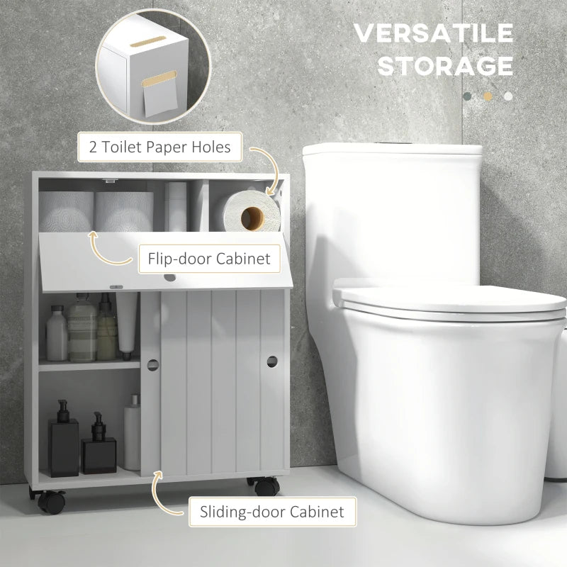 Kleankin Toilet Paper Cabinet, Slim Bathroom Cabinet With 4 Rolling Wheels, Small Bathroom Storage Cabinet With Paper Holes, Sliding Doors And Adjustable Shelf For Small Space, White