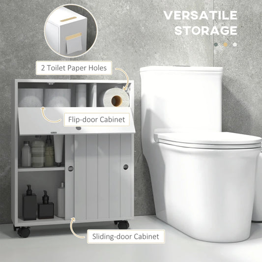 Kleankin Toilet Paper Cabinet, Slim Bathroom Cabinet With 4 Rolling Wheels, Small Bathroom Storage Cabinet With Paper Holes, Sliding Doors And Adjustable Shelf For Small Space, White