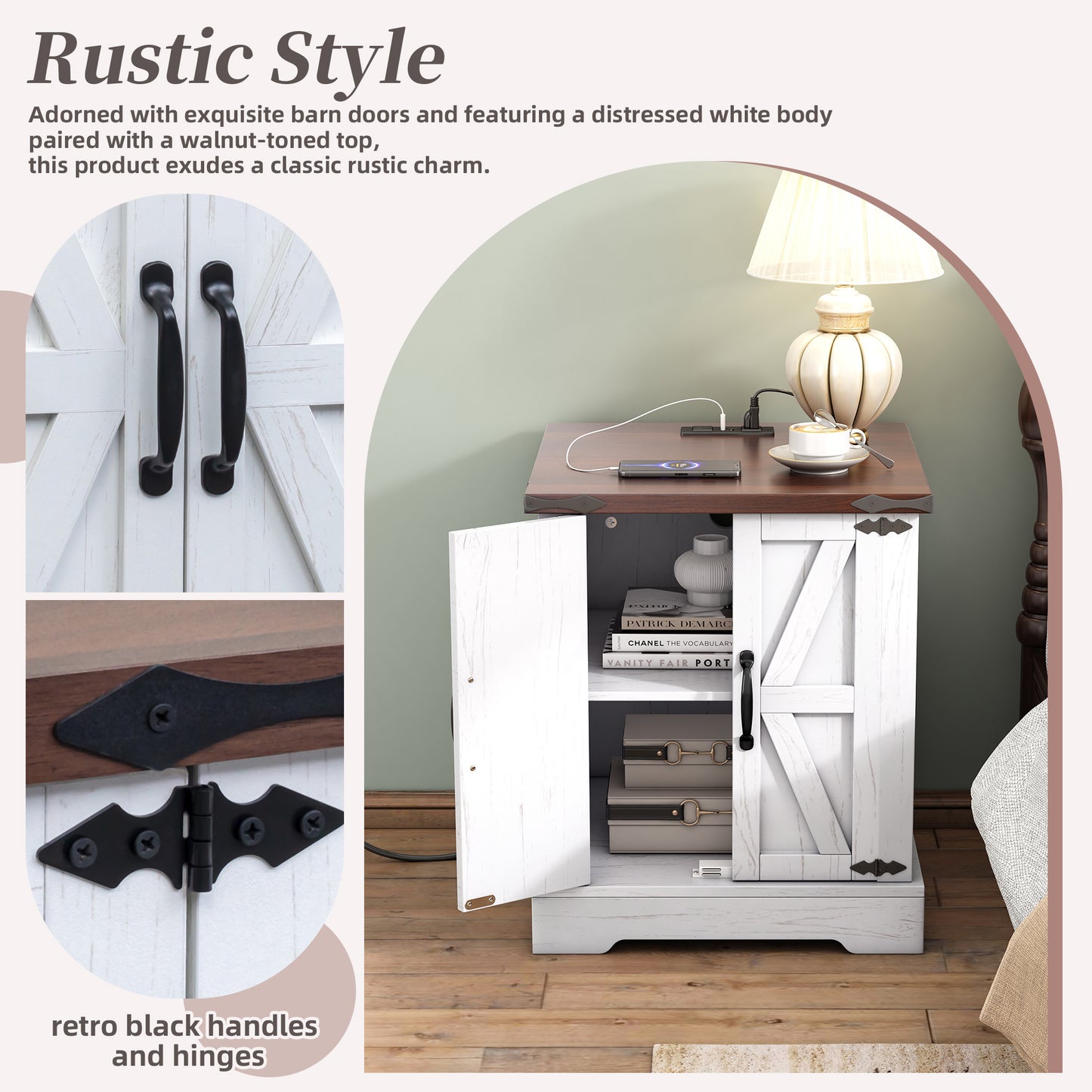 ON-TREND Farmhouse End Table With Charging Station, Rustic Wood Nightstand With Adjustable Shelf, 19.6W Versatile Walnut Sofa Side Table With Barn Doors & Retro Hinges For Bedroom, Living Room, White