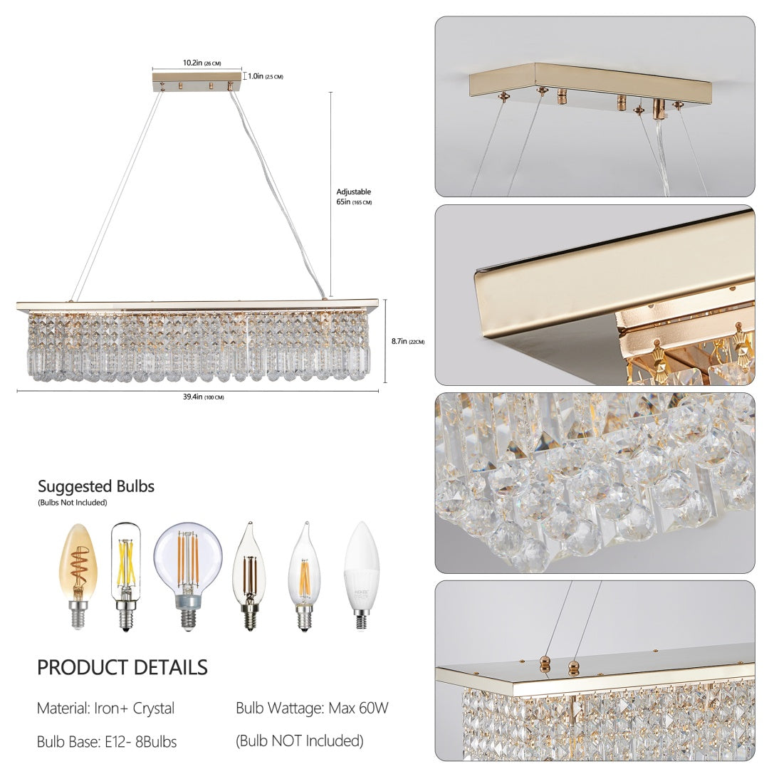 Modern Crystal Chandelier For Dining Room 8-Light Gold Rectangle Raindrop Chandelier Contemporary Rectangular Pendant Light Fixture For Kitchen Island Bar L39.4  X W9.8   X H8.7  Bulb Not Included